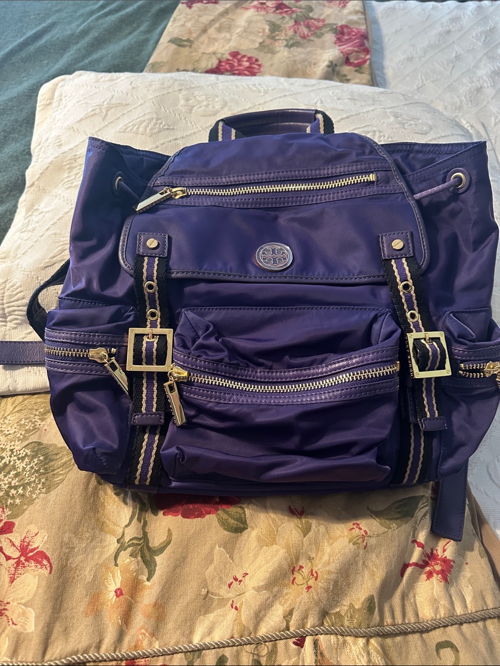 Tory Burch Violet Nylon Drawstring Backpack with Gold Hardware
